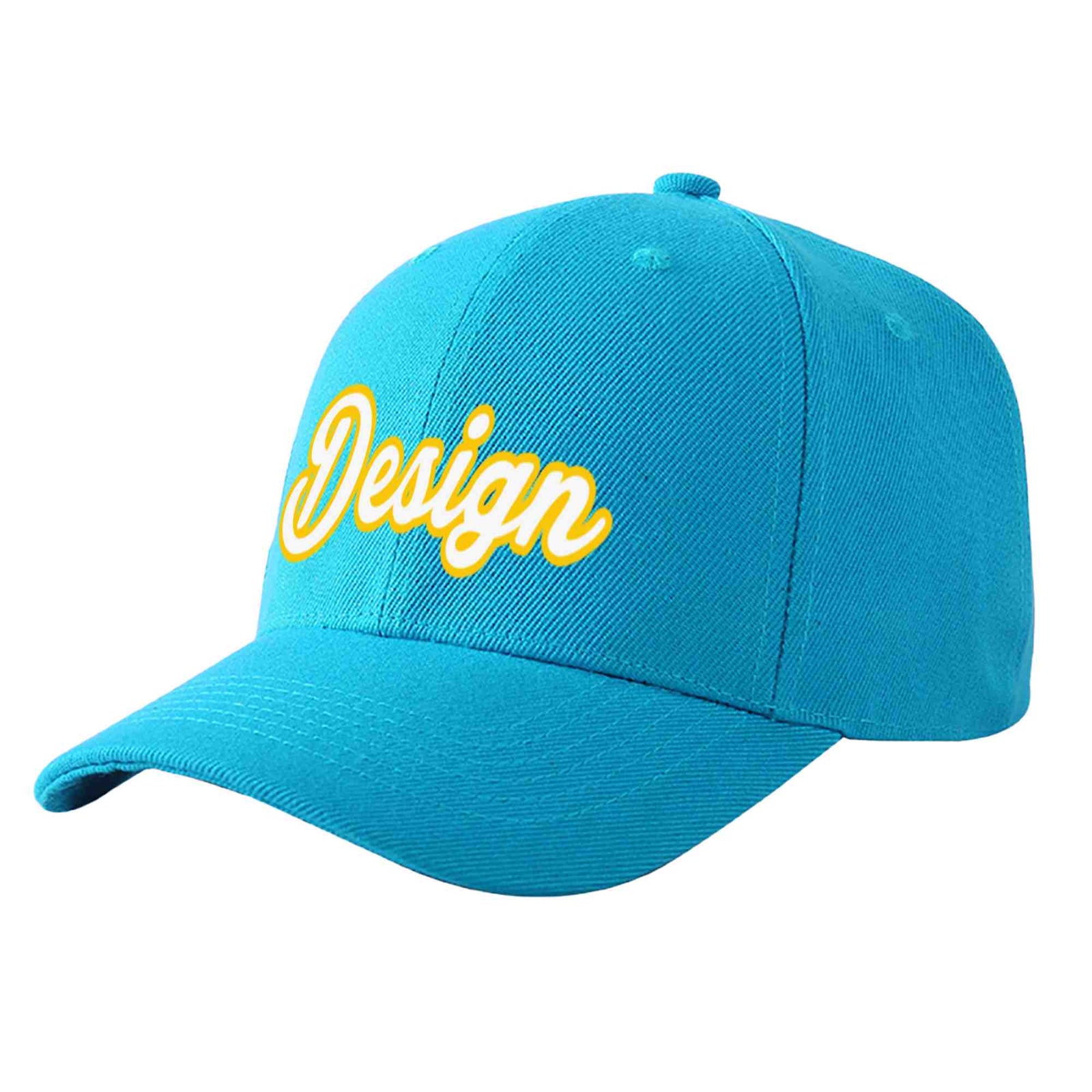 Custom Aqua White-Gold Curved Eaves Sport Design Baseball Cap