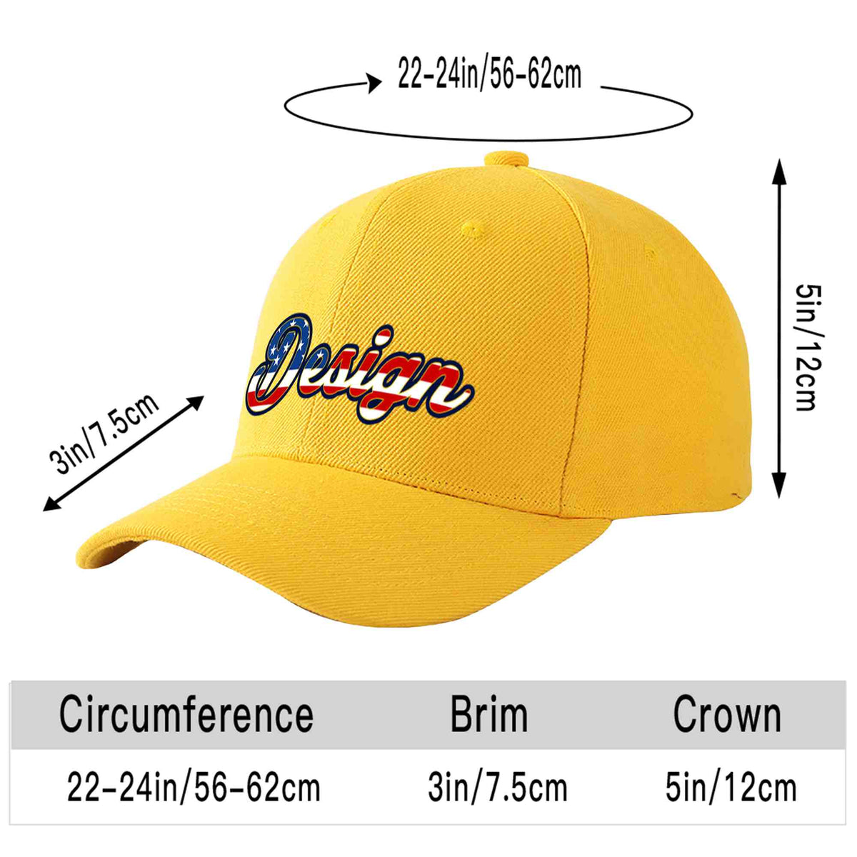 Custom Gold Vintage USA Flag-Gold Curved Eaves Sport Design Baseball Cap