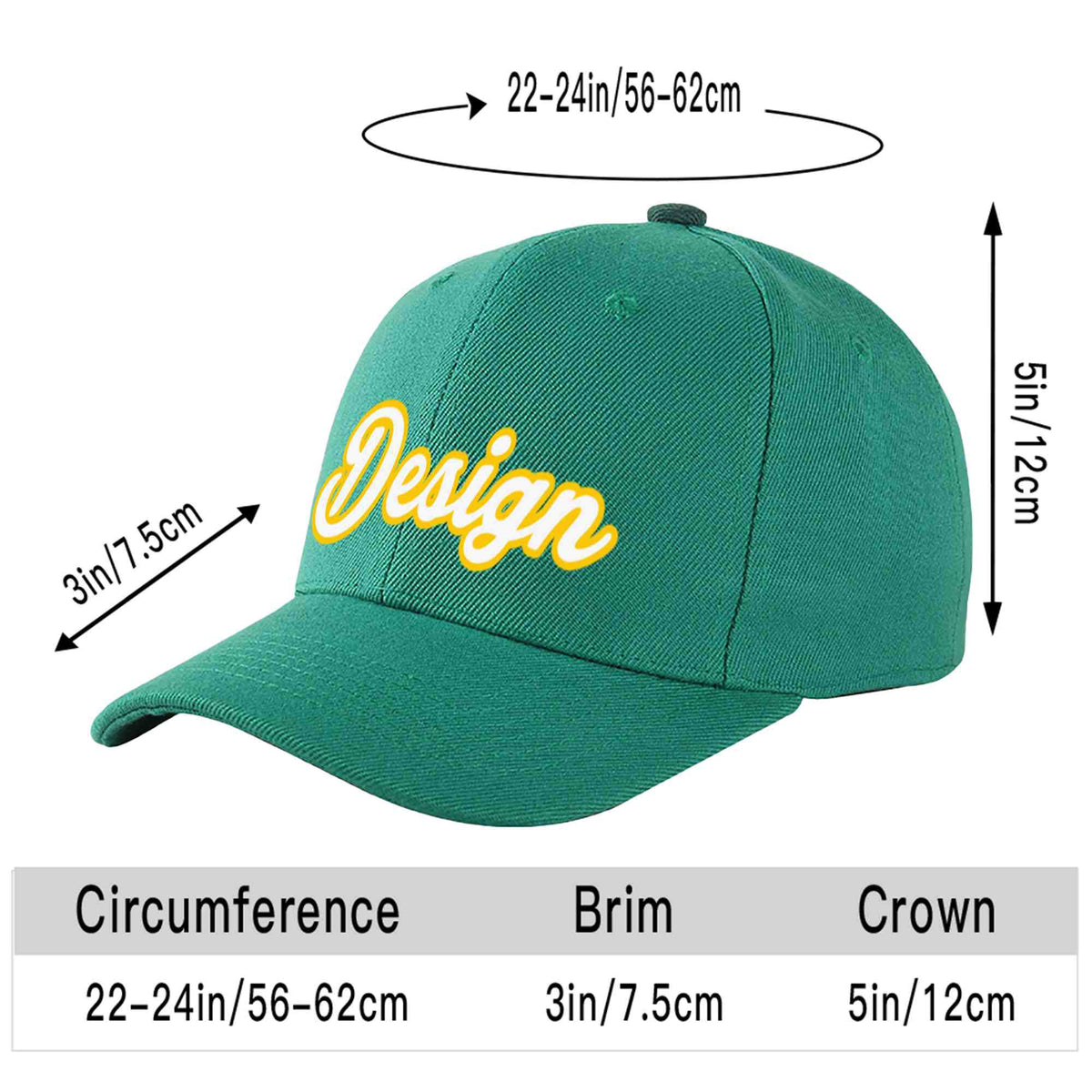Custom Light Green White-Gold Curved Eaves Sport Design Baseball Cap