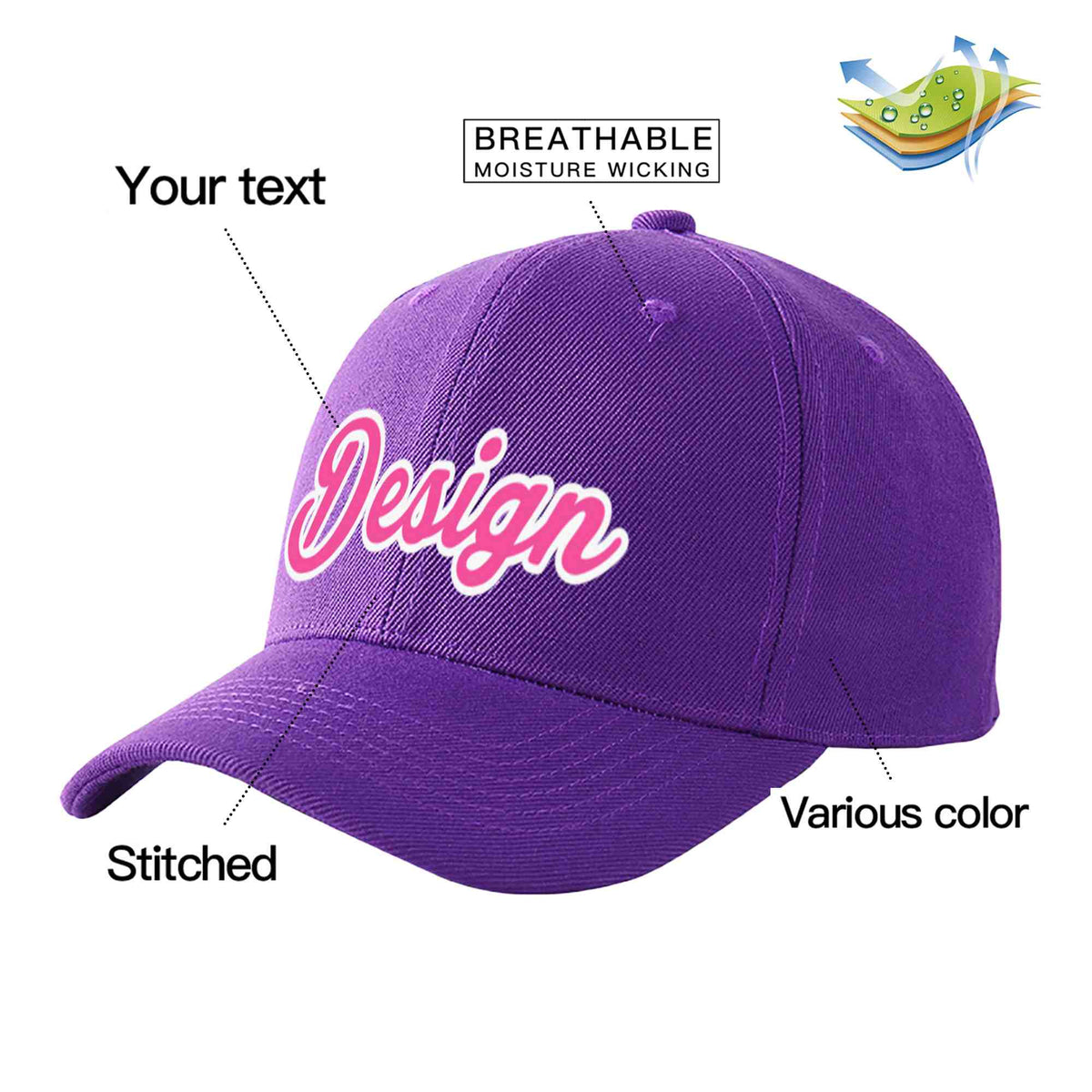Custom Purple Pink-White Curved Eaves Sport Design Baseball Cap