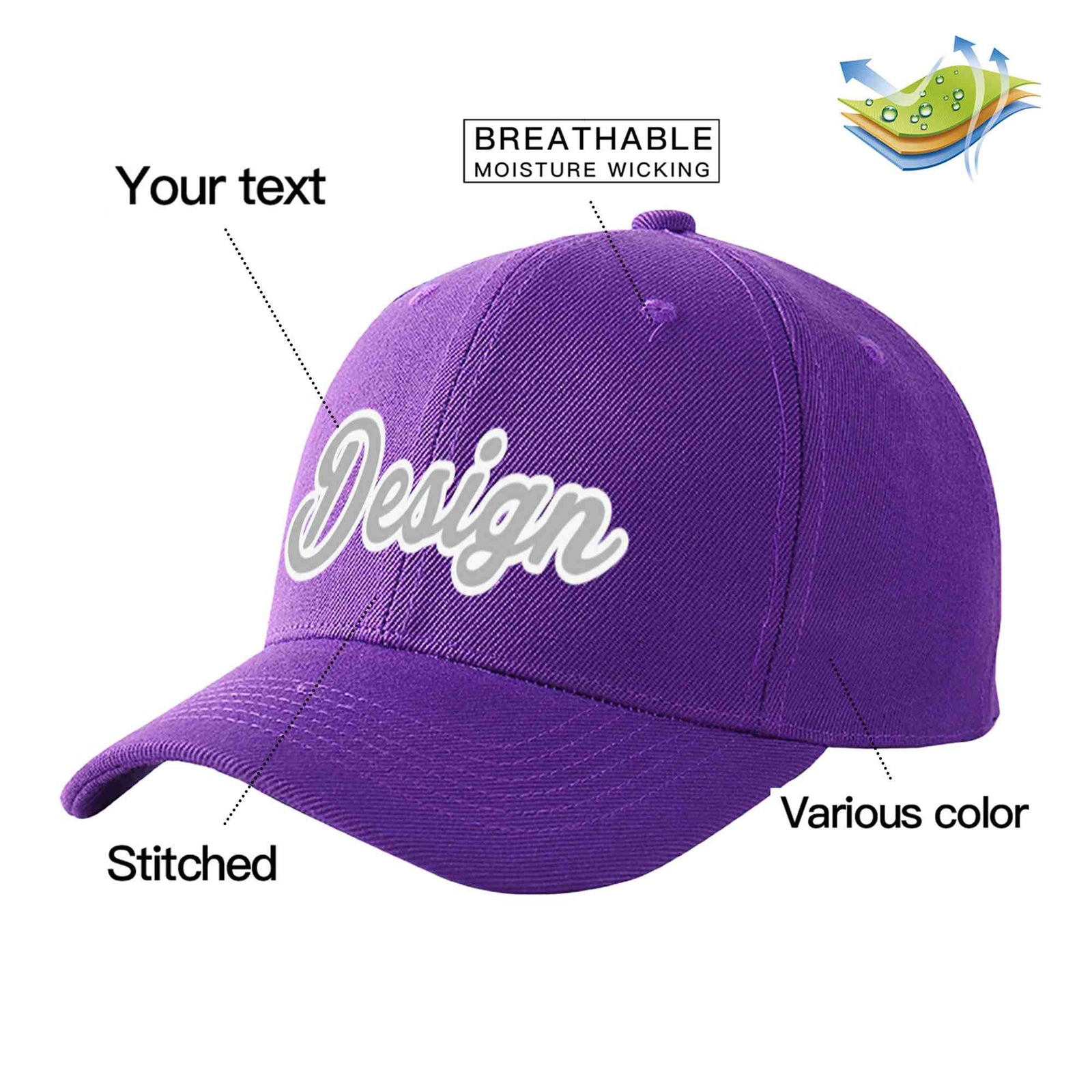 Custom Purple Gray-White Curved Eaves Sport Design Baseball Cap