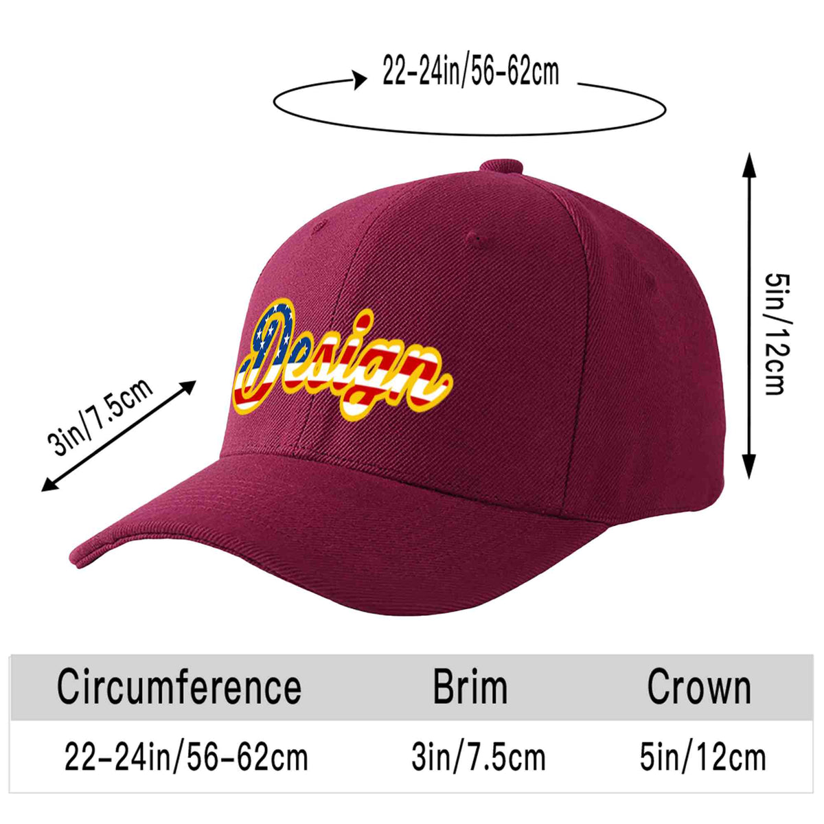 Custom Red Wine Vintage USA Flag-Gold Curved Eaves Sport Design Baseball Cap