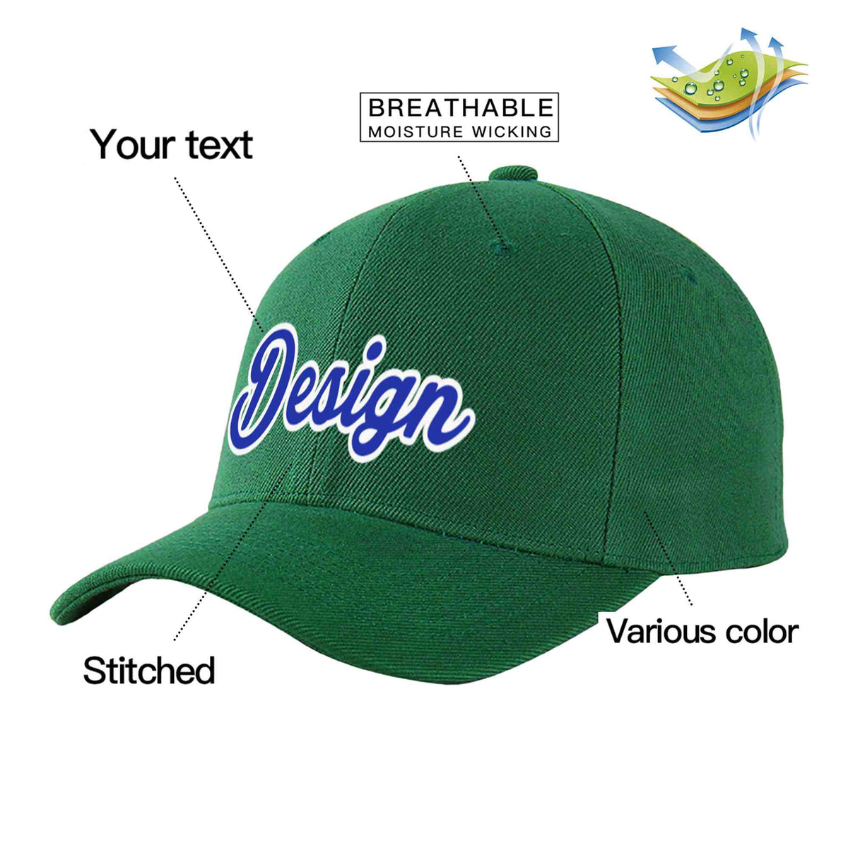 Custom Green Royal-White Curved Eaves Sport Design Baseball Cap