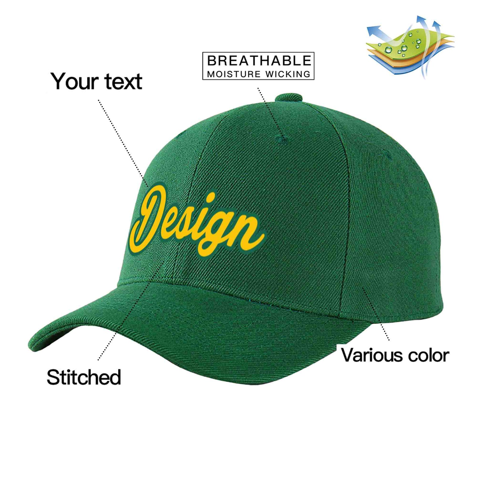Custom Green Gold-Kelly Green Curved Eaves Sport Design Baseball Cap