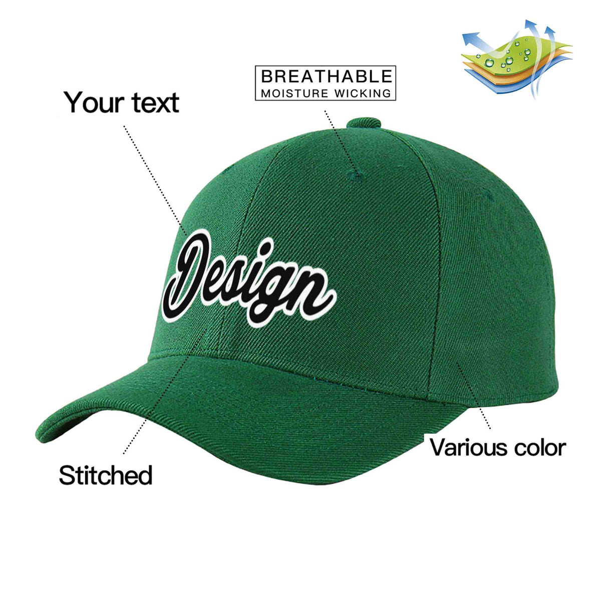 Custom Green Black-White Curved Eaves Sport Design Baseball Cap