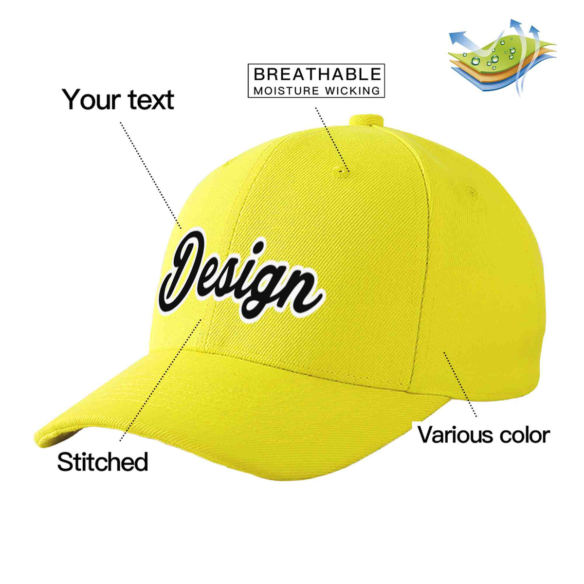 Custom Yellow Black-White Curved Eaves Sport Design Baseball Cap