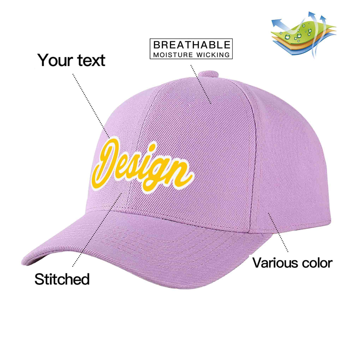 Custom Light Purple Gold-White Curved Eaves Sport Design Baseball Cap