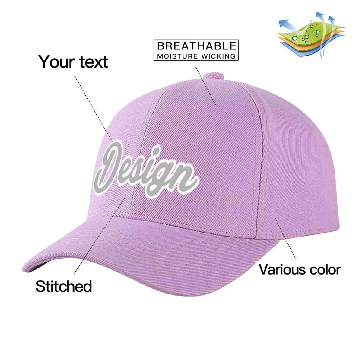 Custom Light Purple Gray-White Curved Eaves Sport Design Baseball Cap
