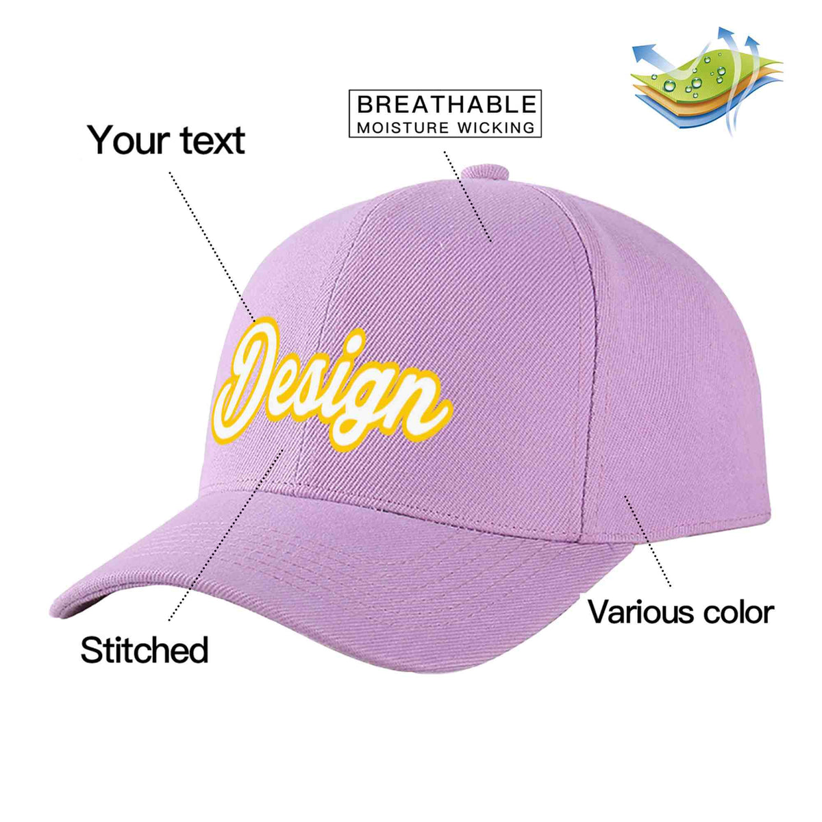 Custom Light Purple White-Gold Curved Eaves Sport Design Baseball Cap