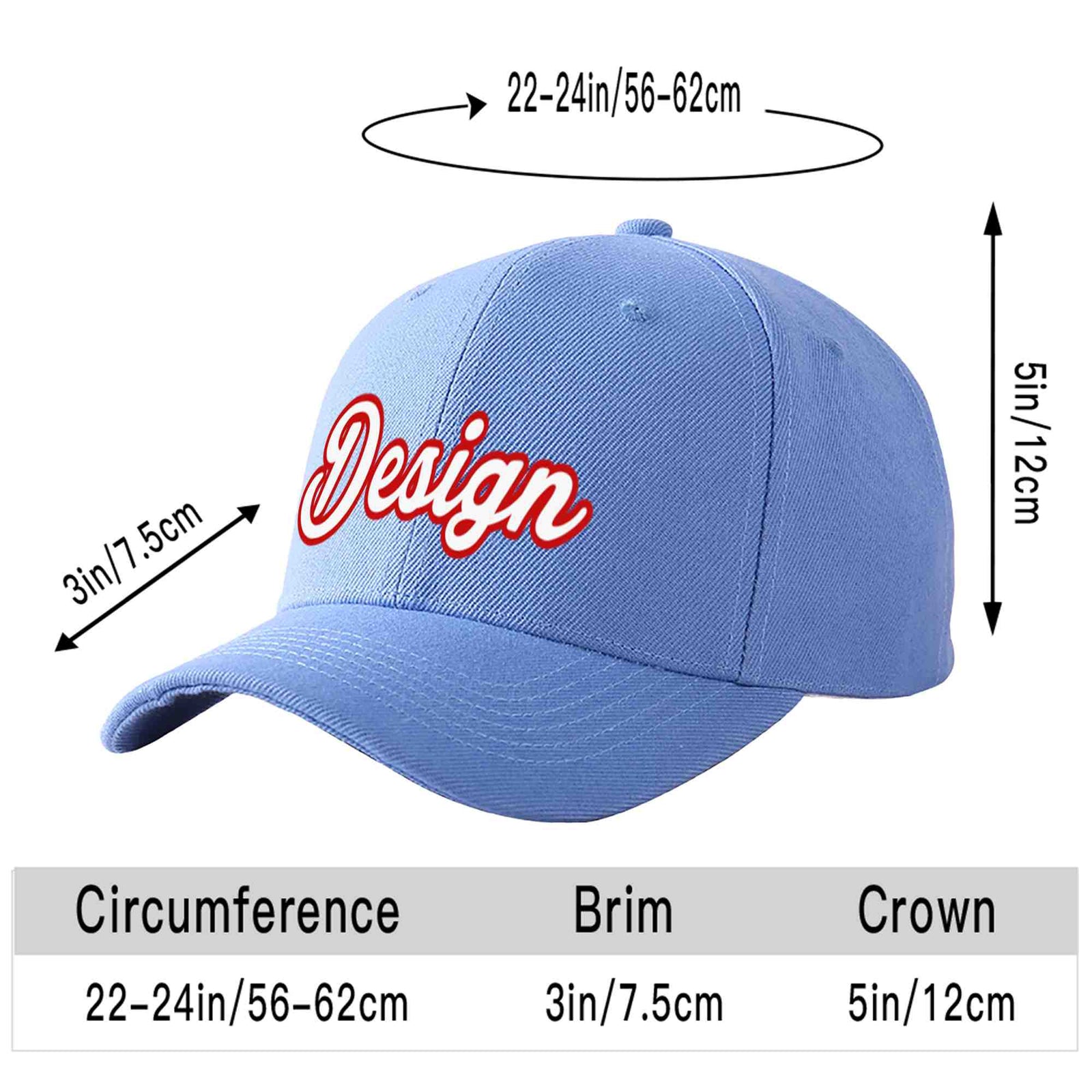 Custom Sky Blue White-Red Curved Eaves Sport Design Baseball Cap