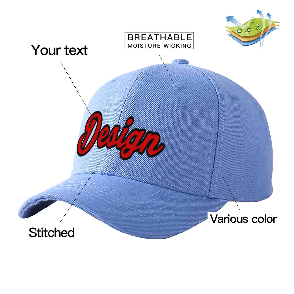 Custom Sky Blue Red-Black Curved Eaves Sport Design Baseball Cap