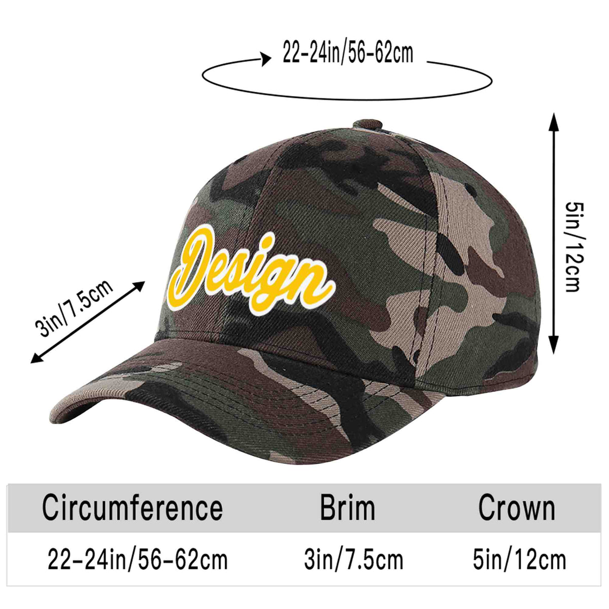 Custom Camo Gold-White Curved Eaves Sport Design Baseball Cap