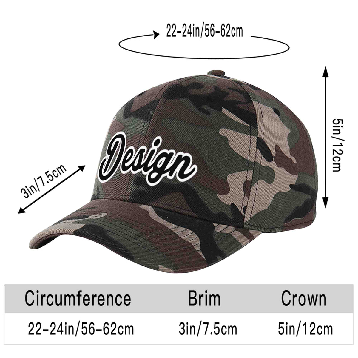 Custom Camo Black-White Curved Eaves Sport Design Baseball Cap