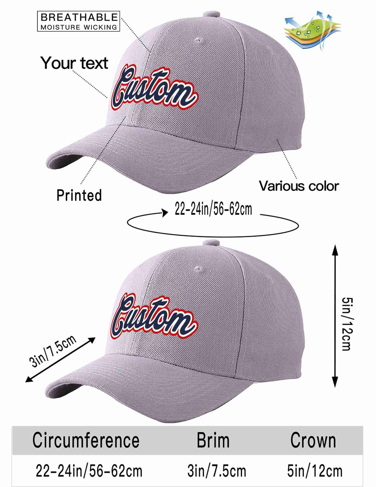 Custom Gray Navy-White Curved Eaves Sport Baseball Cap Design for Men/Women/Youth