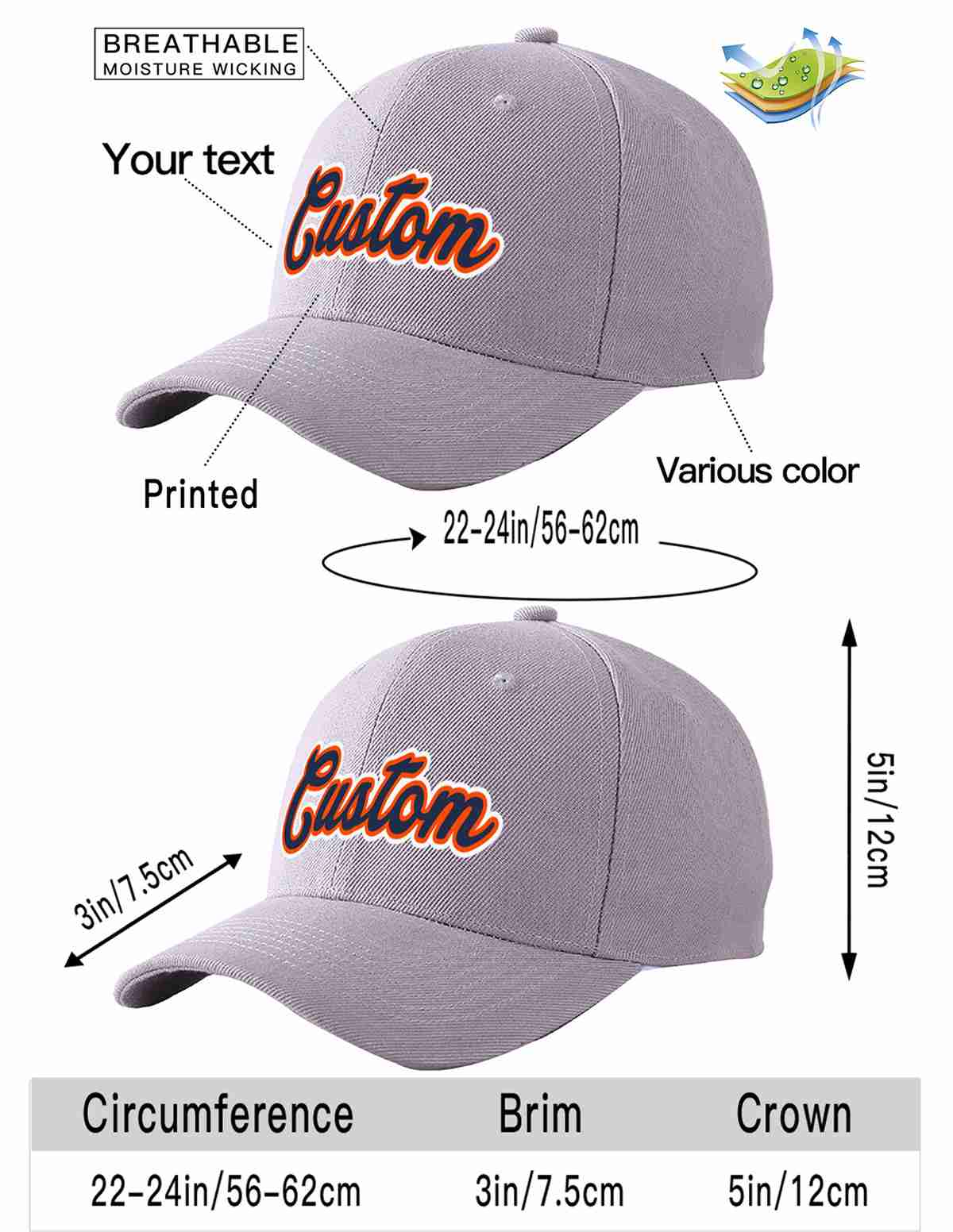 Custom Gray Navy-Orange Curved Eaves Sport Baseball Cap Design for Men/Women/Youth
