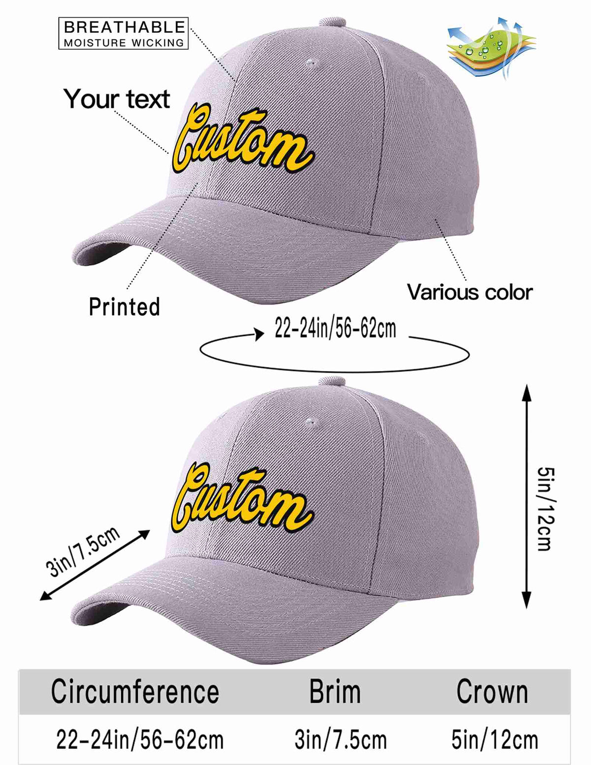Custom Gray Gold-Black Curved Eaves Sport Baseball Cap Design for Men/Women/Youth
