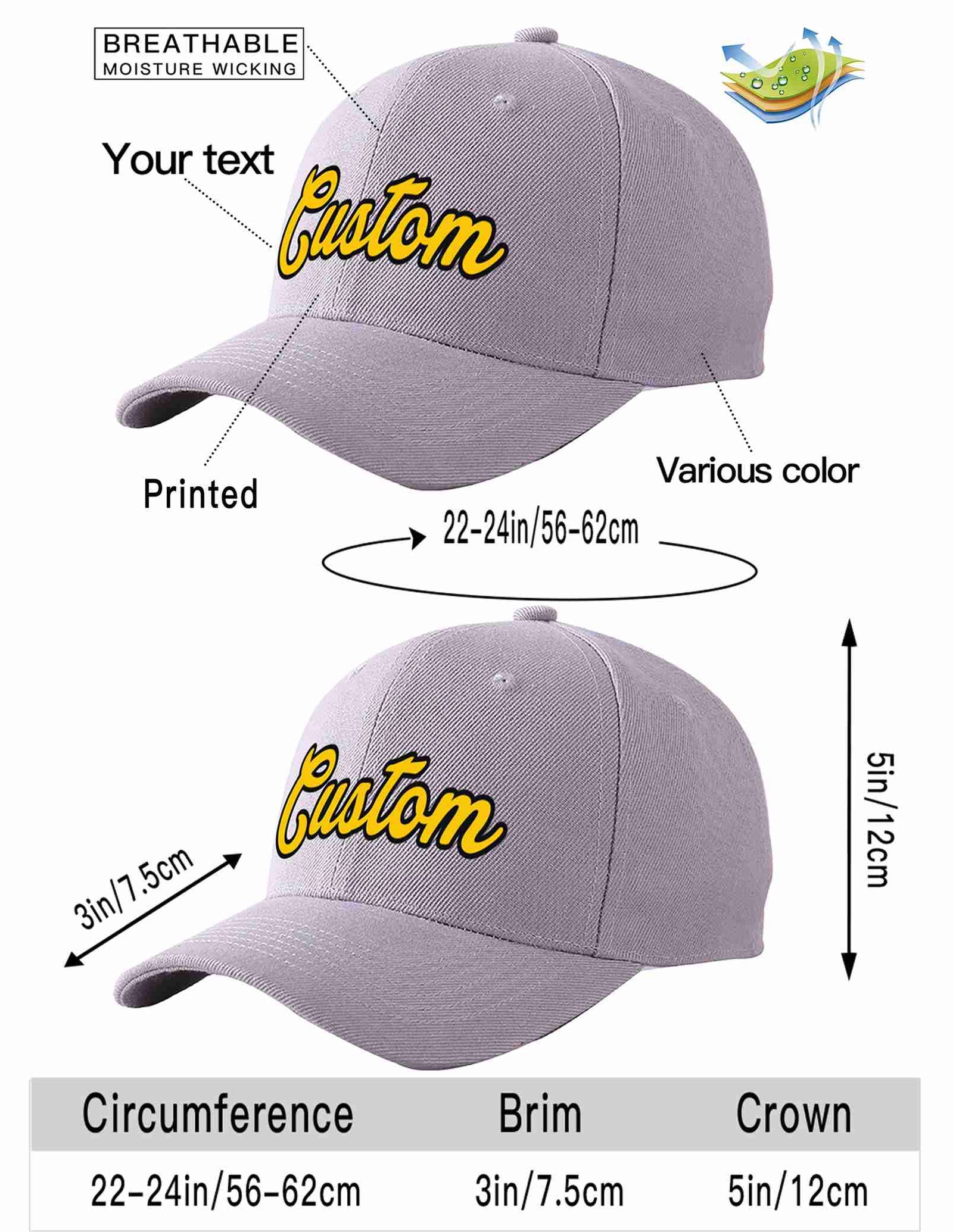 Custom Gray Gold-Black Curved Eaves Sport Baseball Cap Design for Men/Women/Youth