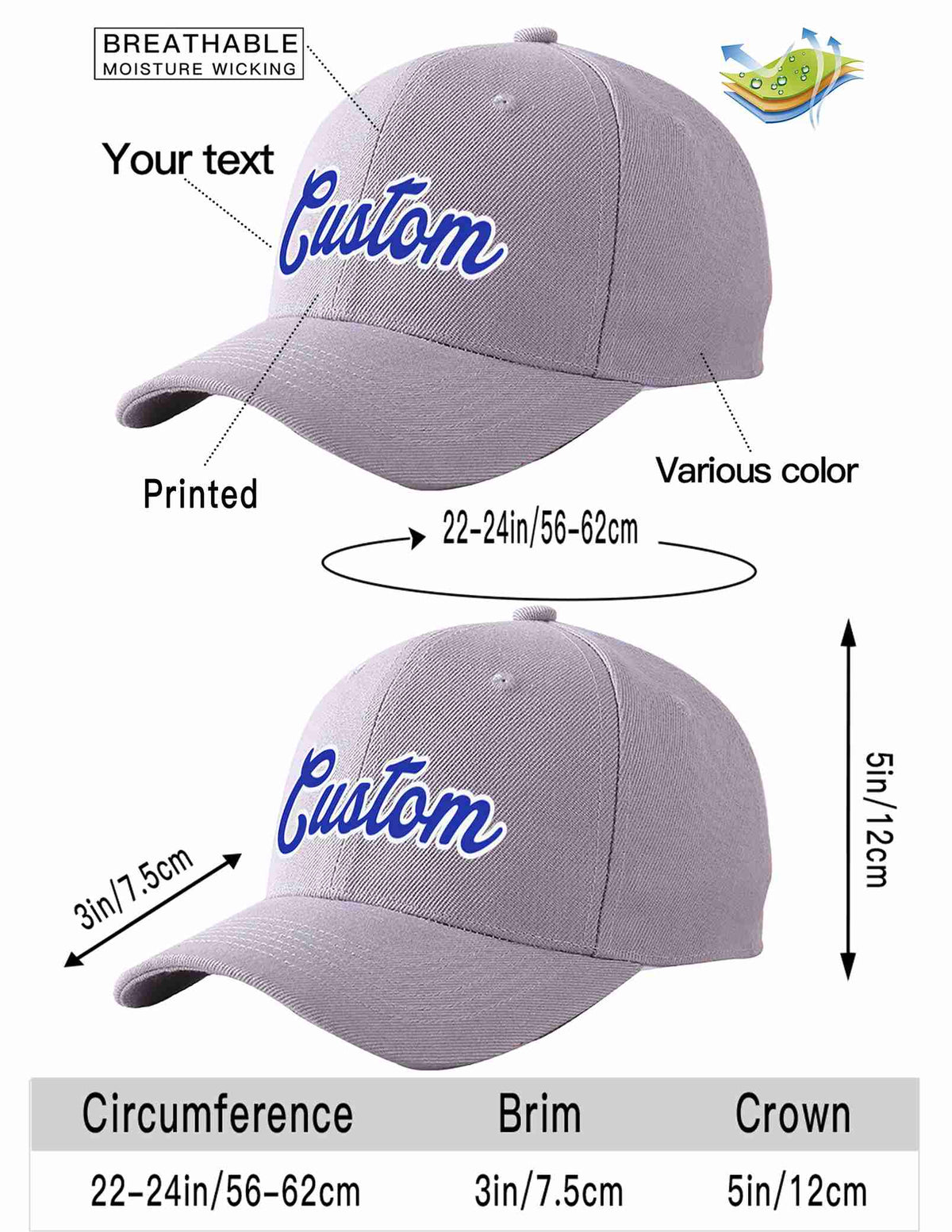 Custom Gray Royal-White Curved Eaves Sport Baseball Cap Design for Men/Women/Youth