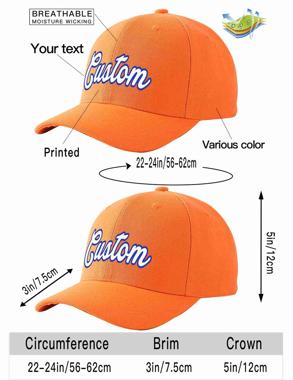 Custom Orange White-Royal Curved Eaves Sport Baseball Cap Design for Men/Women/Youth
