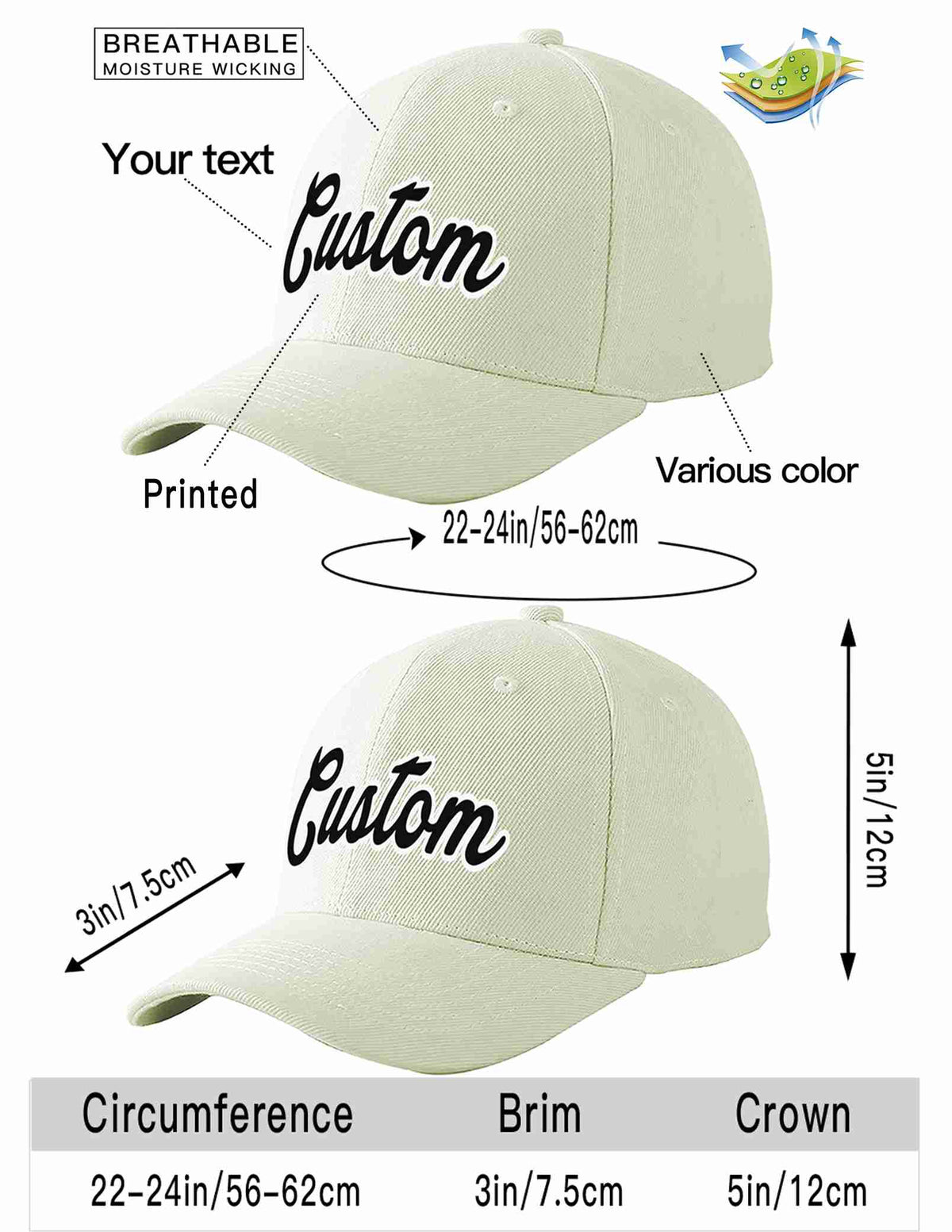 Custom Cream Black-White Curved Eaves Sport Baseball Cap Design for Men/Women/Youth