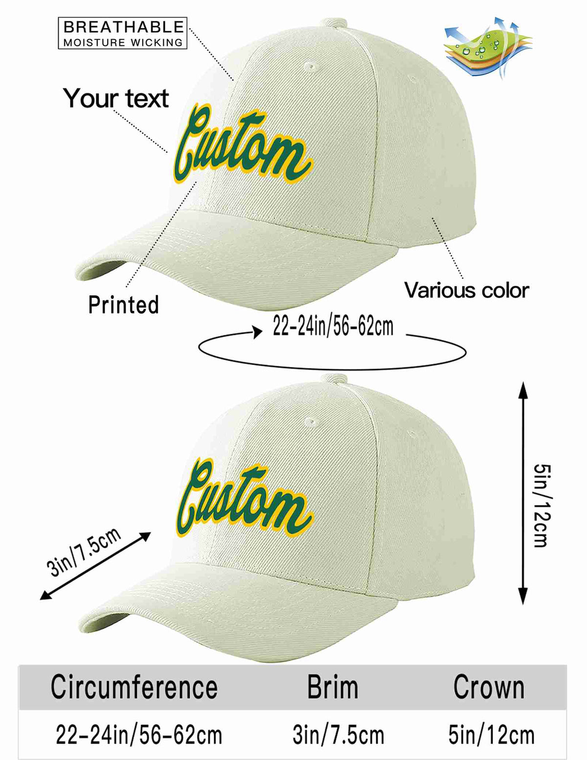 Custom Cream Kelly Green-Gold Curved Eaves Sport Baseball Cap Design for Men/Women/Youth