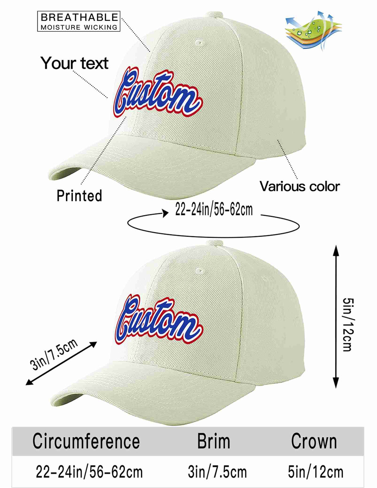 Custom Cream Royal-White Curved Eaves Sport Baseball Cap Design for Men/Women/Youth