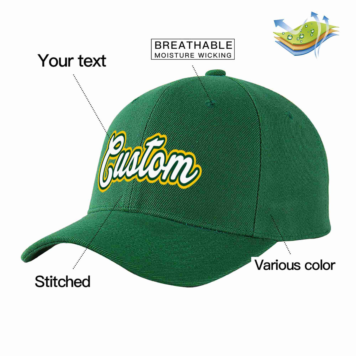 Custom Green White-Kelly Green Curved Eaves Sport Baseball Cap Design for Men/Women/Youth