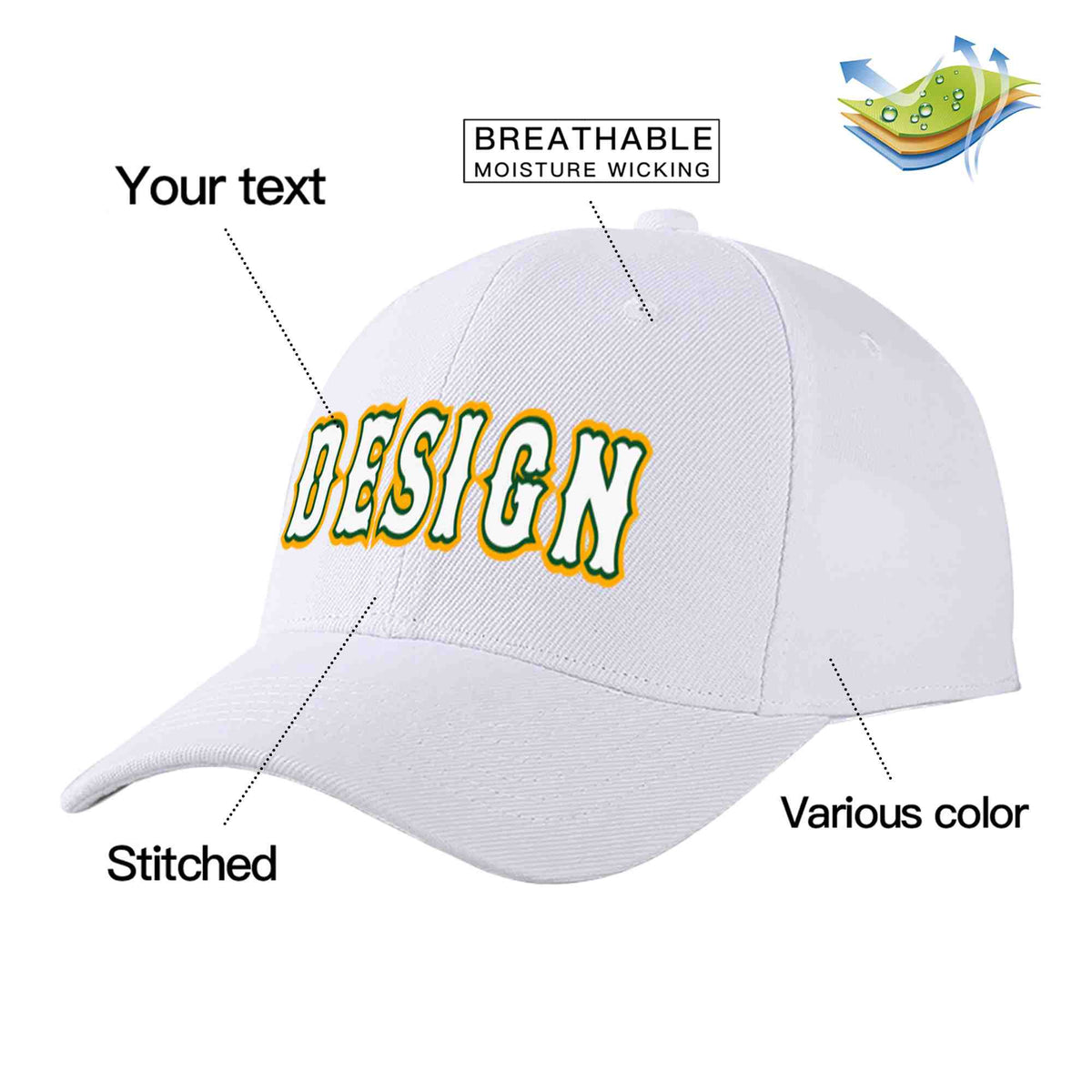 Custom White White-Kelly Green Curved Eaves Sport Design Baseball Cap