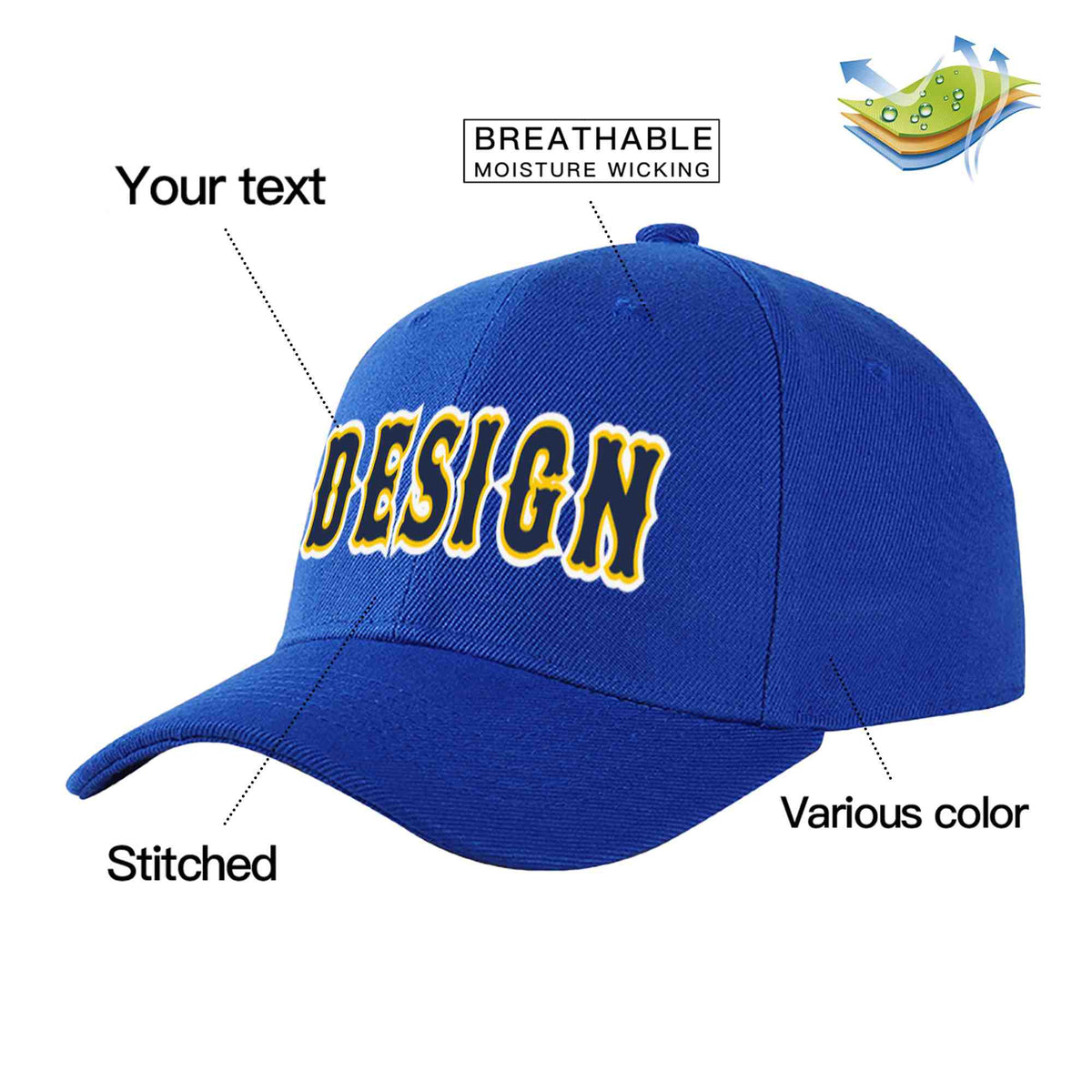 Custom Royal Navy-Yellow Curved Eaves Sport Design Baseball Cap