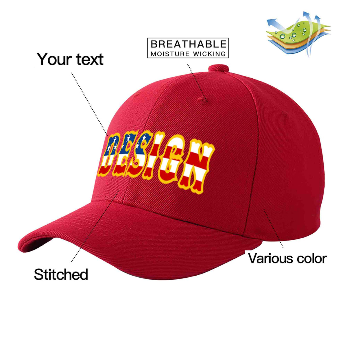 Custom Red Vintage USA Flag-Gold Curved Eaves Sport Design Baseball Cap
