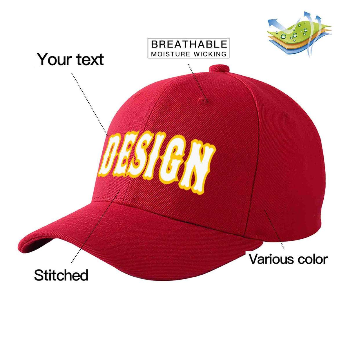 Custom Red White-Gold Curved Eaves Sport Design Baseball Cap