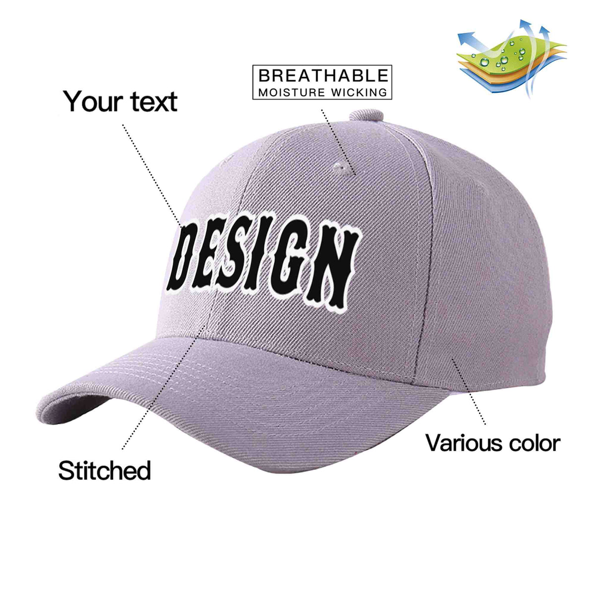 Custom Gray Black-White Curved Eaves Sport Design Baseball Cap