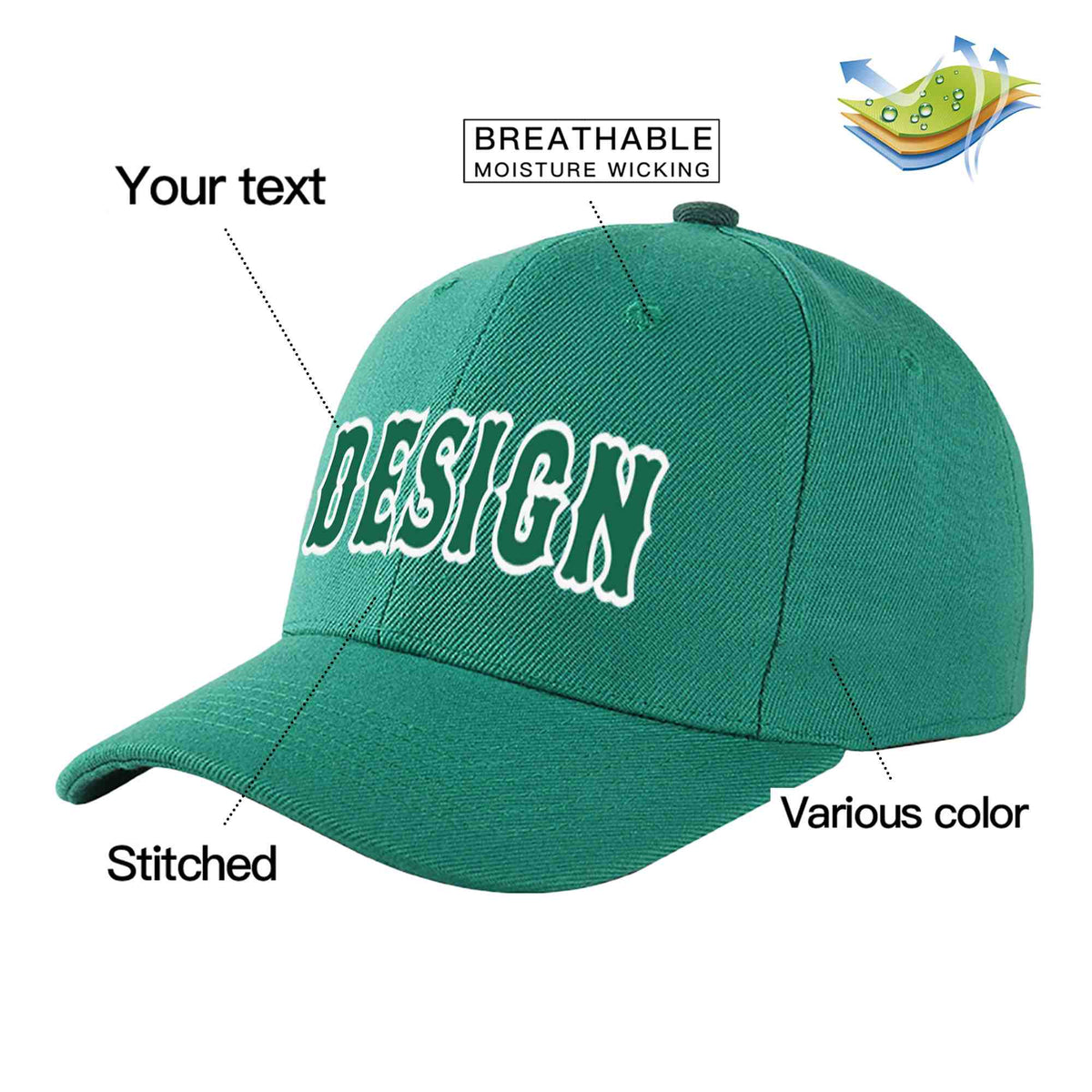 Custom Light Green Kelly Green-White Curved Eaves Sport Design Baseball Cap