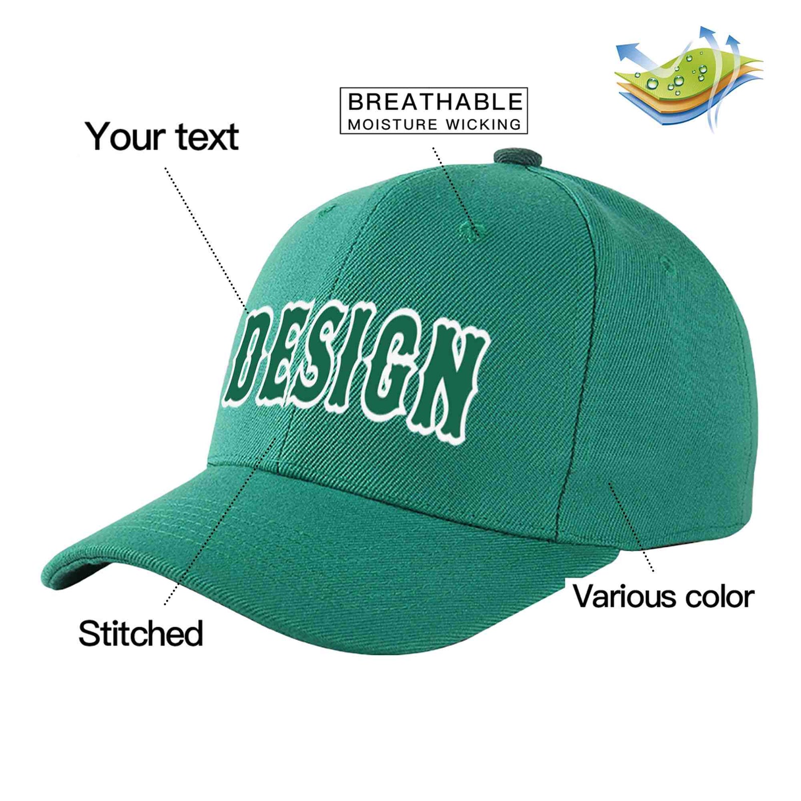 Custom Light Green Kelly Green-White Curved Eaves Sport Design Baseball Cap