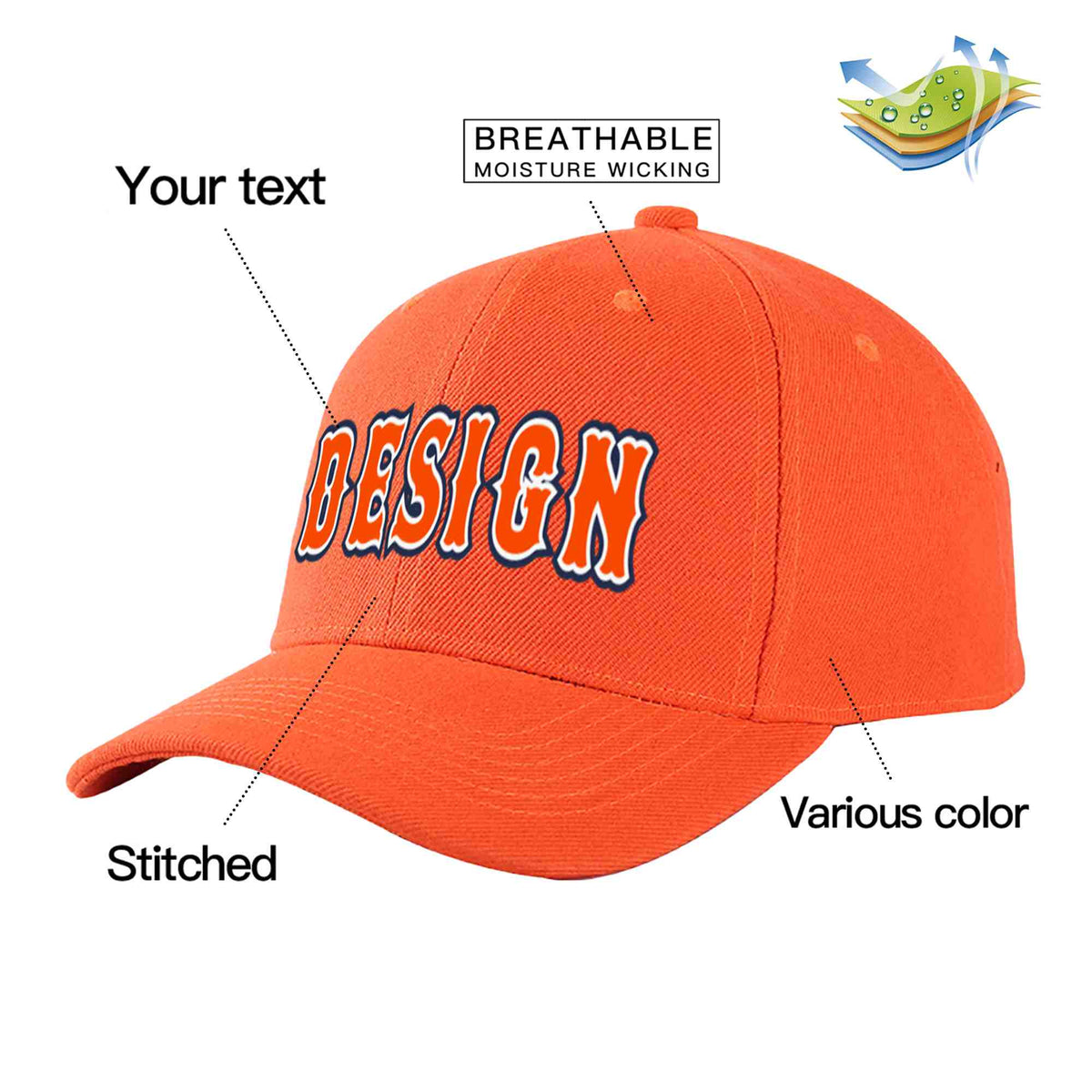 Custom Tangerine Orange-White Curved Eaves Sport Design Baseball Cap