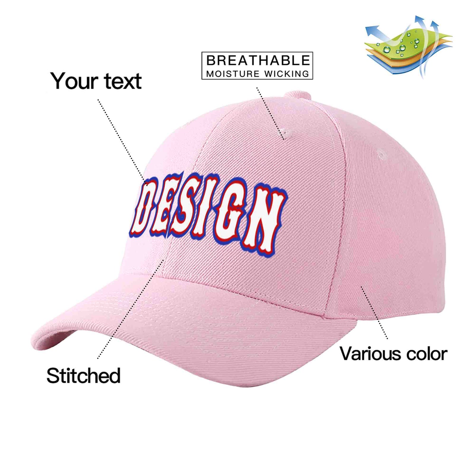 Custom Pink White-Red Curved Eaves Sport Design Baseball Cap