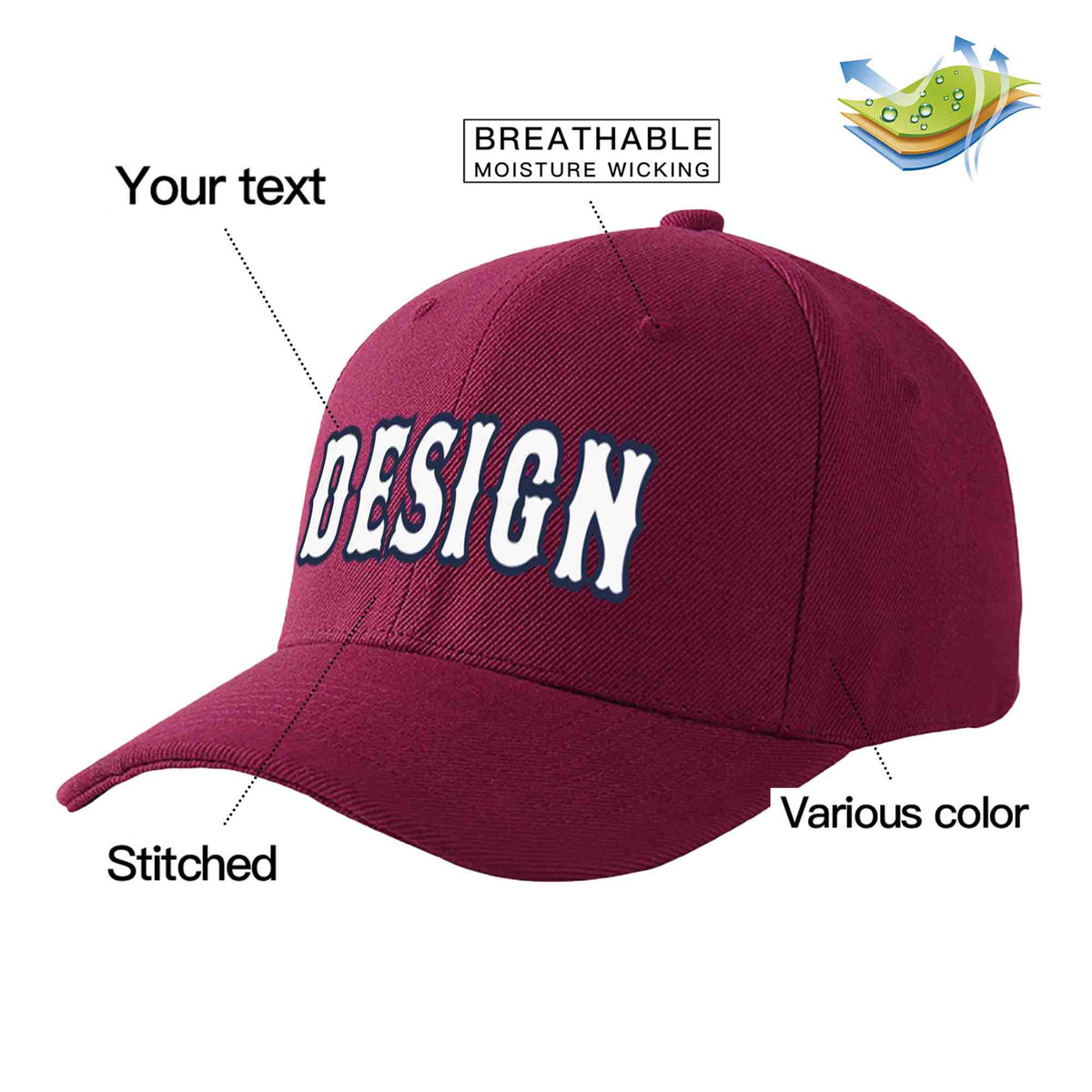 Custom Red Wine White-Navy Curved Eaves Sport Design Baseball Cap
