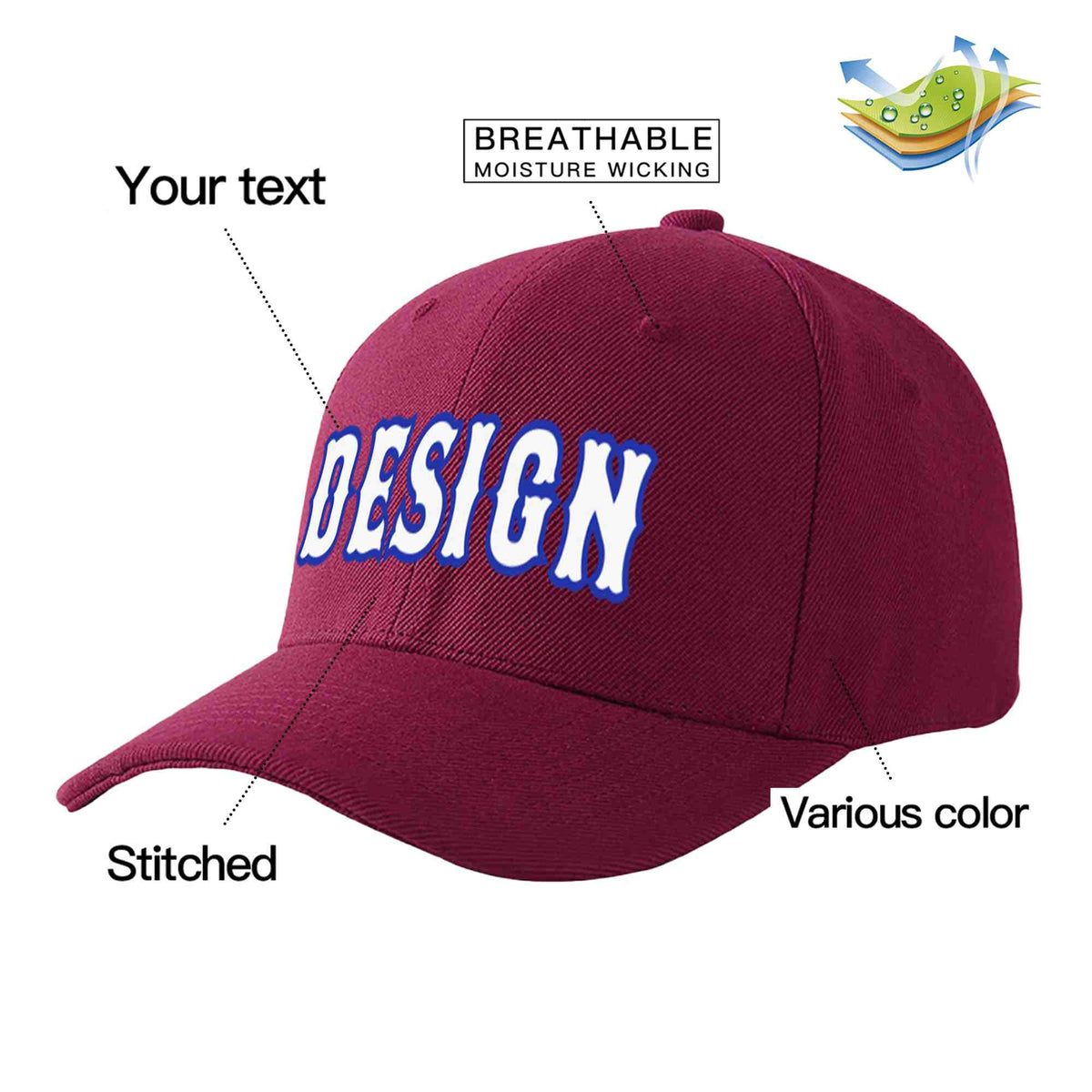 Custom Red Wine White-Royal Curved Eaves Sport Design Baseball Cap