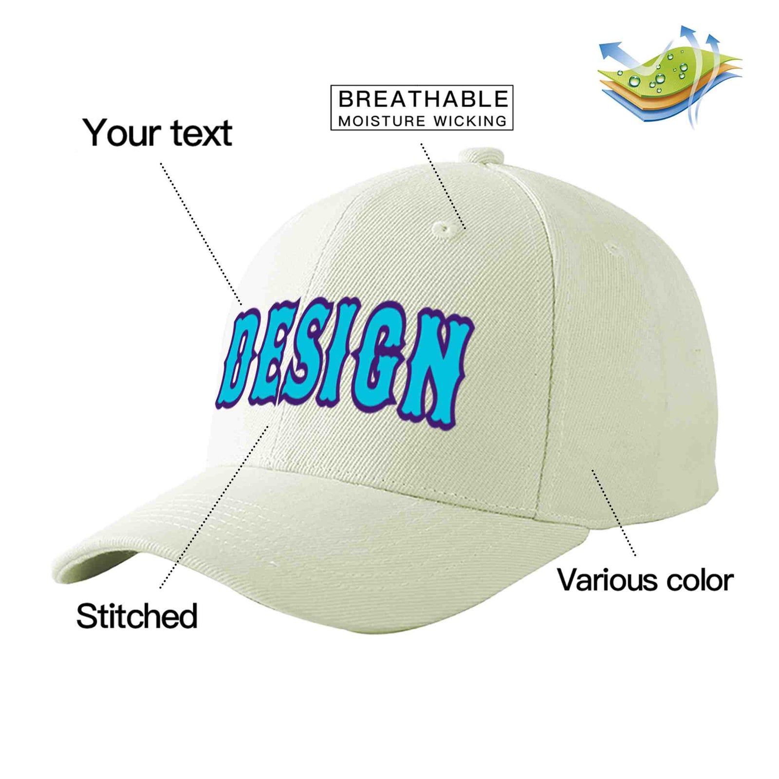Custom Cream Light Blue-Purple Curved Eaves Sport Design Baseball Cap