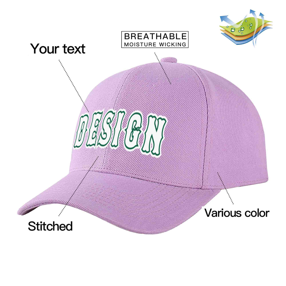Custom Light Purple White-Kelly Green Curved Eaves Sport Design Baseball Cap