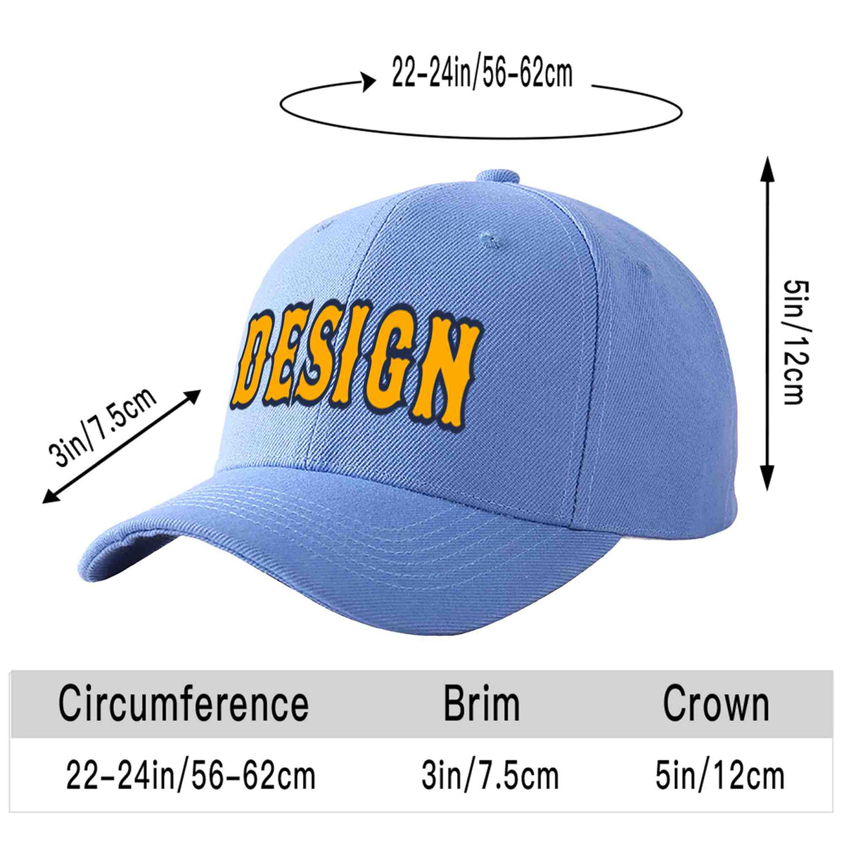 Custom Sky Blue Yellow-Navy Curved Eaves Sport Design Baseball Cap