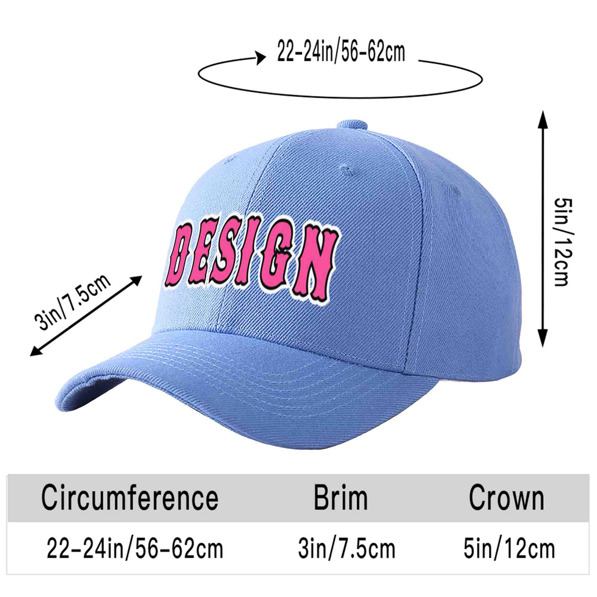 Custom Sky Blue Pink-Black Curved Eaves Sport Design Baseball Cap
