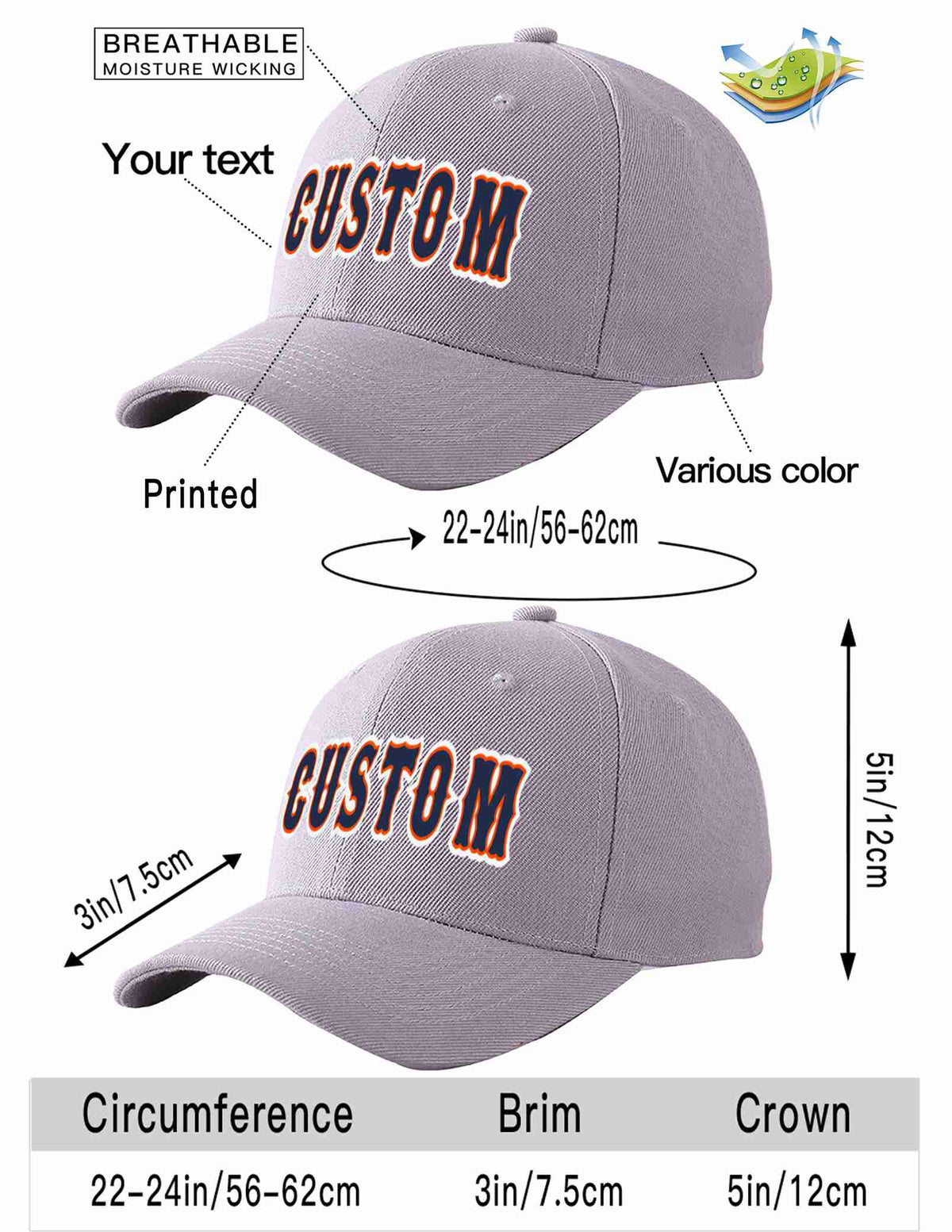 Custom Gray Navy-Orange Curved Eaves Sport Baseball Cap Design for Men/Women/Youth