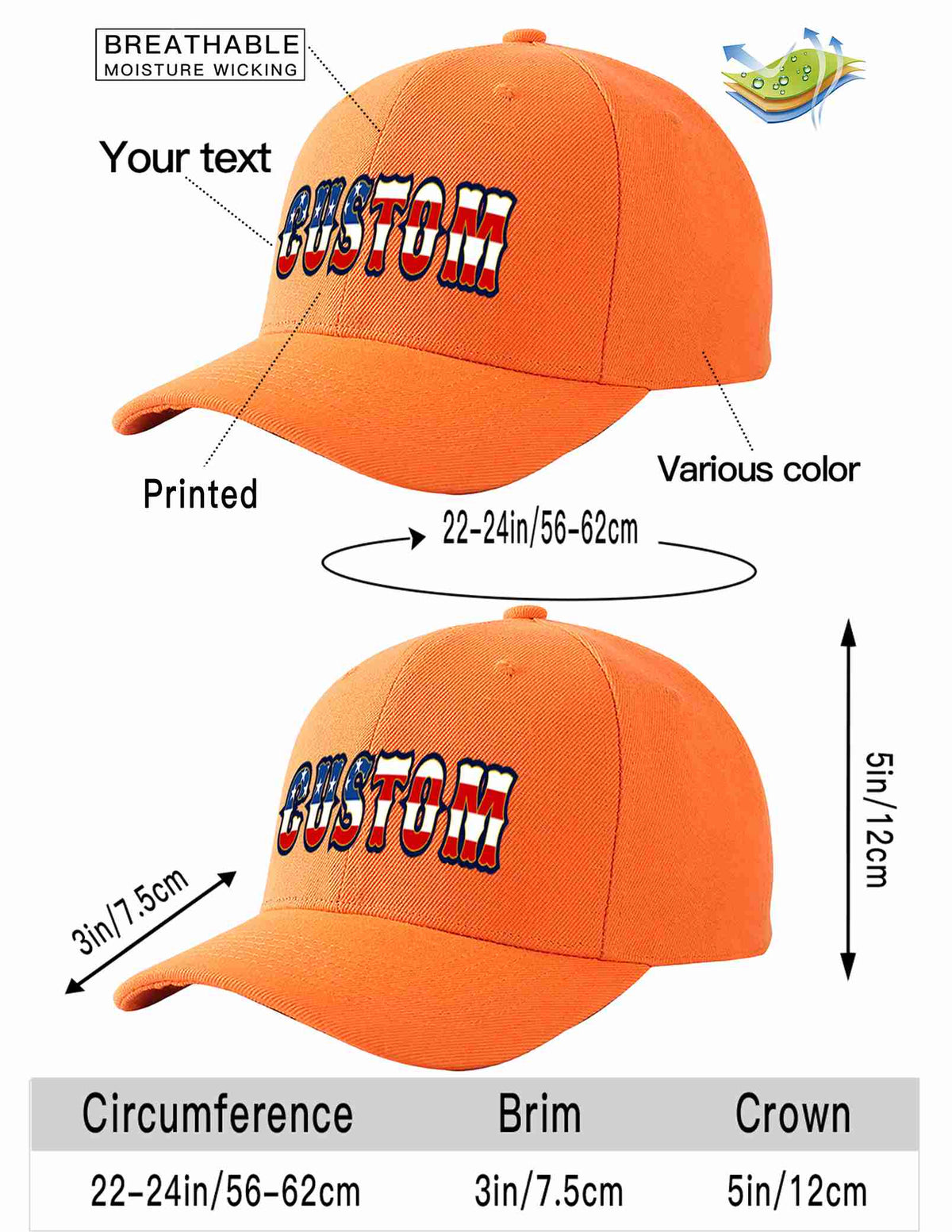 Custom Orange Vintage USA Flag-Gold Curved Eaves Sport Baseball Cap Design for Men/Women/Youth