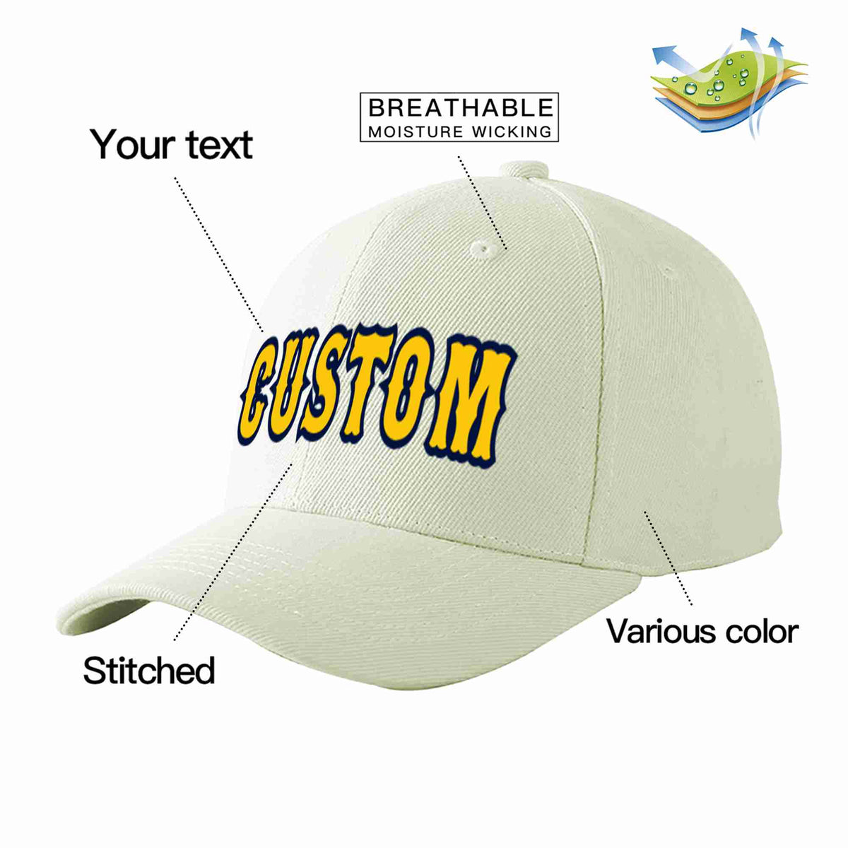 Custom Cream Gold-Navy Curved Eaves Sport Baseball Cap Design for Men/Women/Youth
