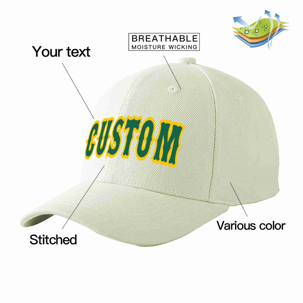 Custom Cream Kelly Green-Gold Curved Eaves Sport Baseball Cap Design for Men/Women/Youth