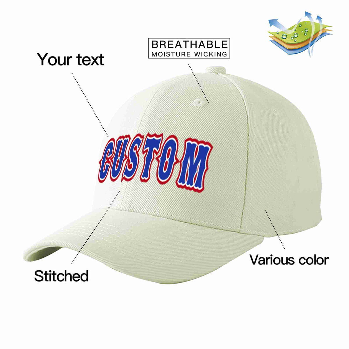 Custom Cream Royal-White Curved Eaves Sport Baseball Cap Design for Men/Women/Youth
