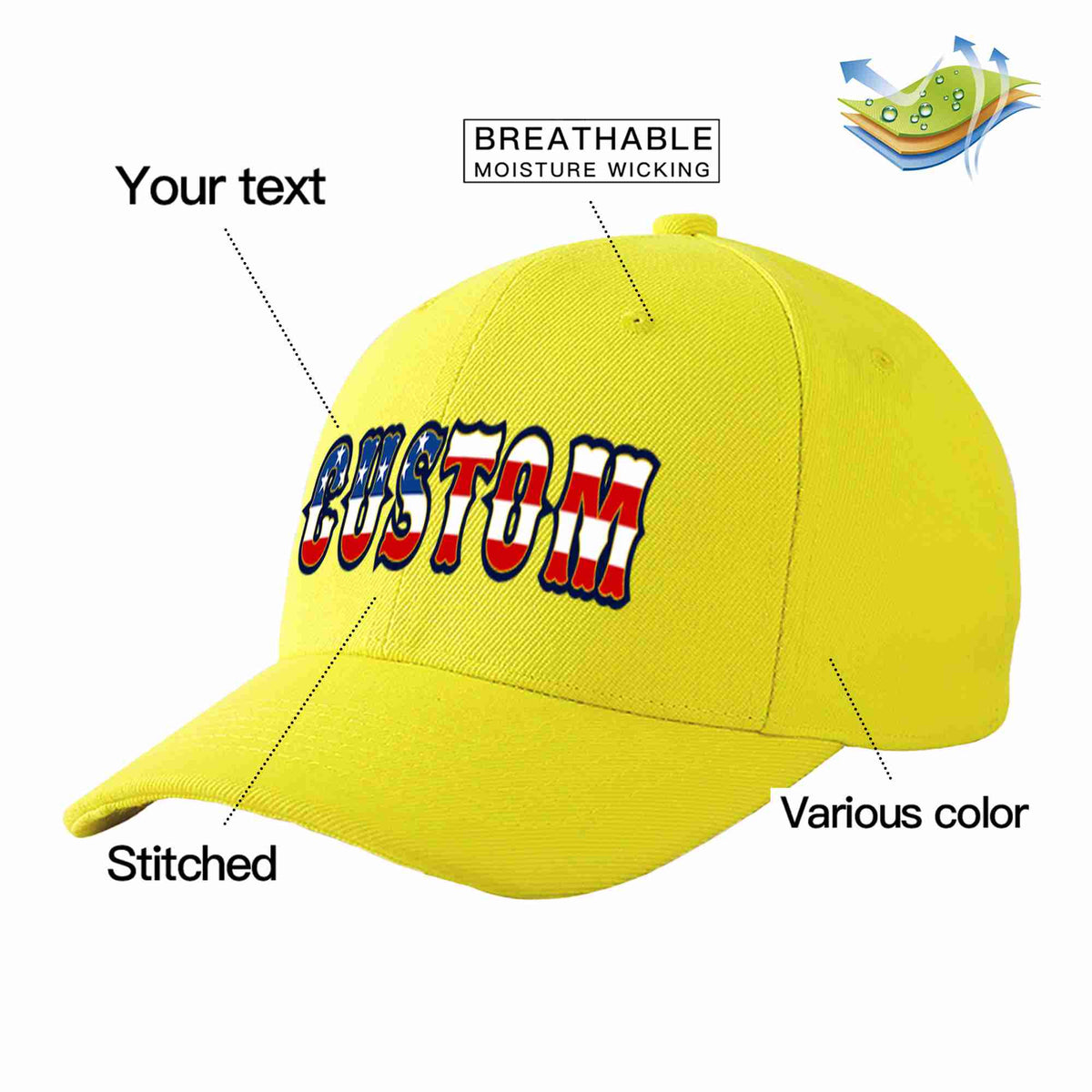 Custom Yellow Vintage USA Flag-Gold Curved Eaves Sport Baseball Cap Design for Men/Women/Youth