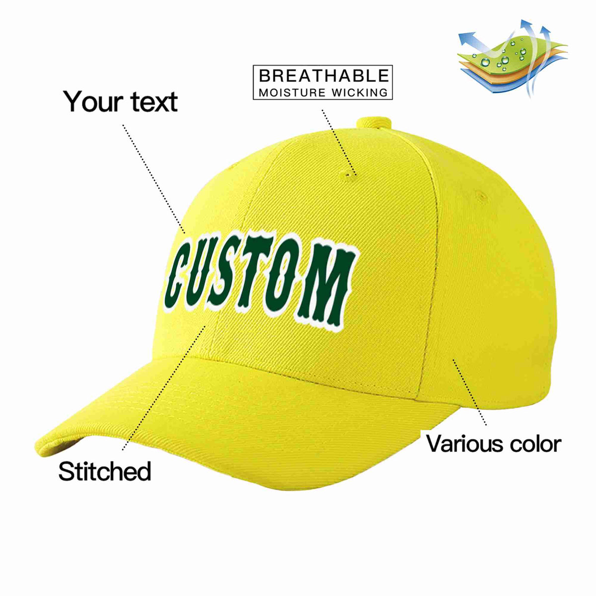 Custom Yellow Green-White Curved Eaves Sport Baseball Cap Design for Men/Women/Youth