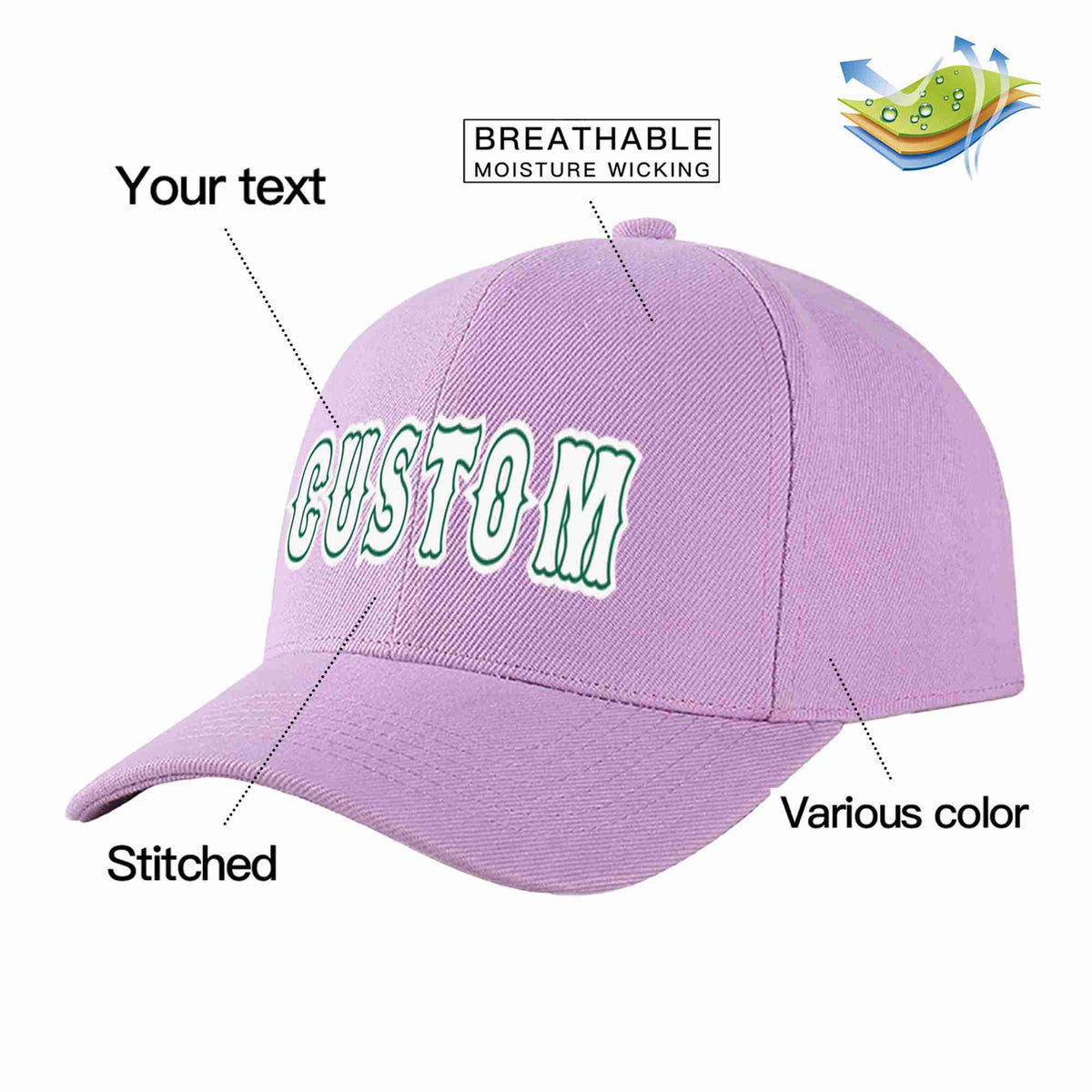 Custom Light Purple White-Kelly Green Curved Eaves Sport Baseball Cap Design for Men/Women/Youth